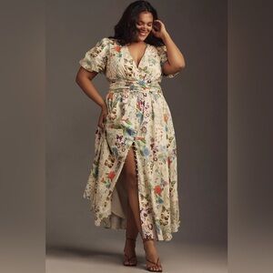 Anthropologie Katerina button front butterfly botanical print dress